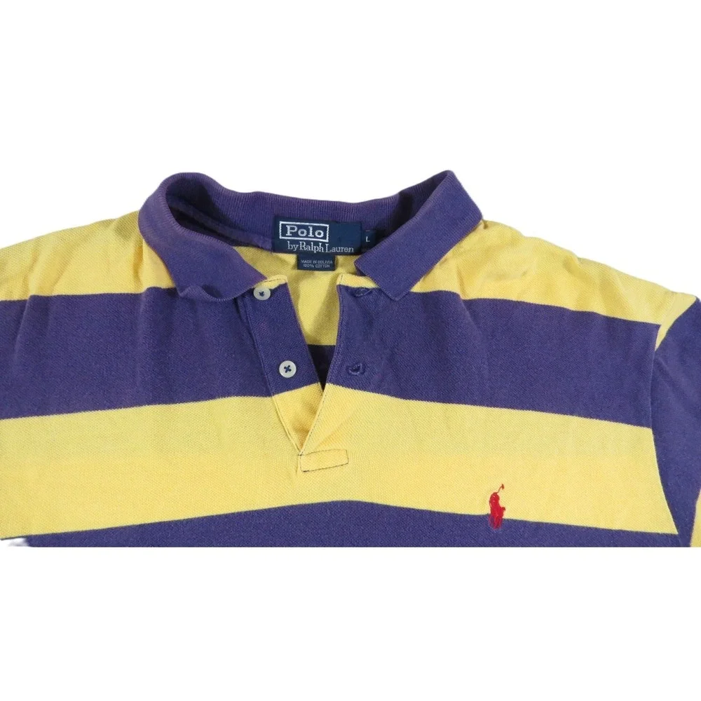 Polo Ralph Lauren Mens L Purple Yellow Stripe Pique Cotton Polo Shirt LSU Lakers
